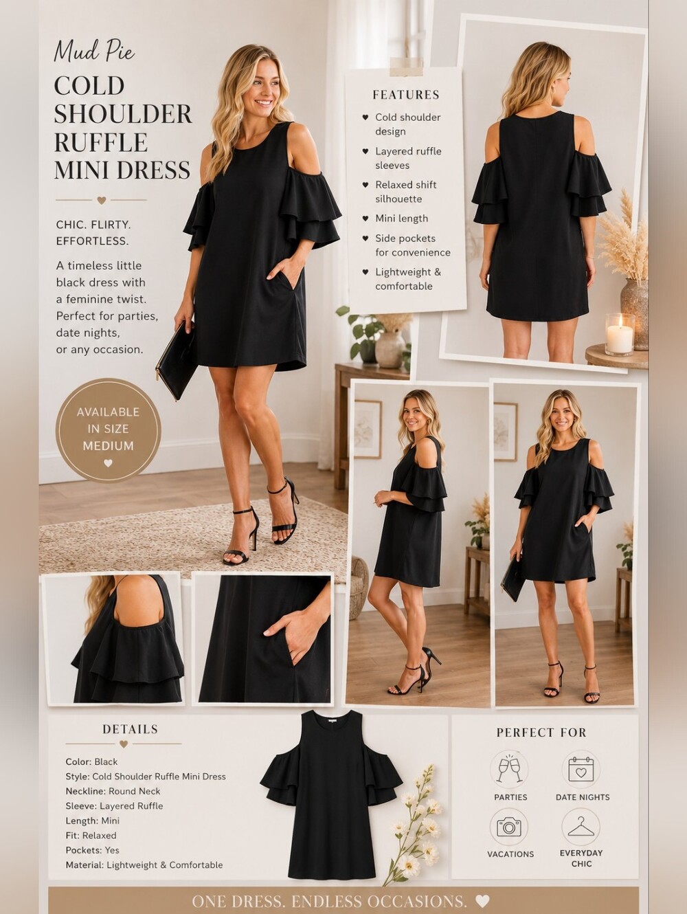 Mud Pie Black Cold Shoulder Ruffle Mini Dress Chic Party Cocktail Boho